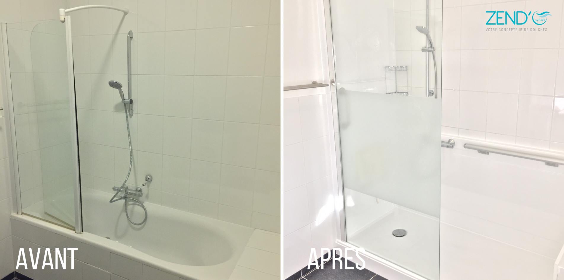 Photo avant/après transformation bain en douche italienne